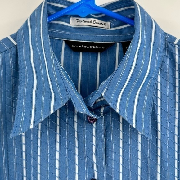 GOODCLOTHES Textured Stretch Women’s Blue Long Sleeve Button Down Size Large - Picture 4 of 13